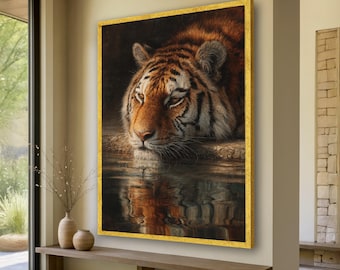 Majestic Tiger Reflection Canvas, Wild Animal Wall Art, Realistic Wildlife Painting, Nature Scene Canvas, Home Decor Ready to Hang