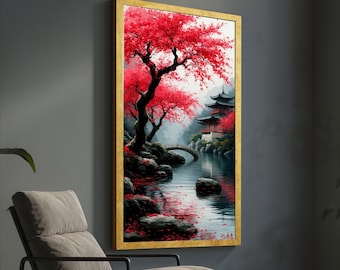 Tranquil Japanese Garden Canvas, Red Cherry Blossom Tree Wall Art, Oriental Landscape Painting, Zen Nature Decor, Ready to Hang Artwork