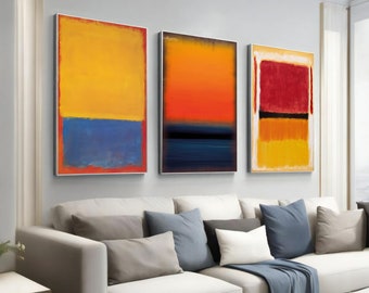 Święto kolorów: Trio obrazów Marka Rothko w odcieniach żółci, pomarańczy i czerwieni, nowoczesna abstrakcyjna sztuka ścienna, zestaw 3 płócien, prezent