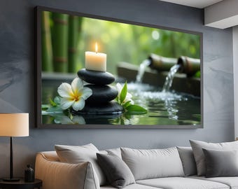Zen Spa Stones with Candle and Frangipani Flowers Canvas, Relaxing Waterfall Wall Art, Tranquil Nature Scene, Meditation Decor, Peaceful