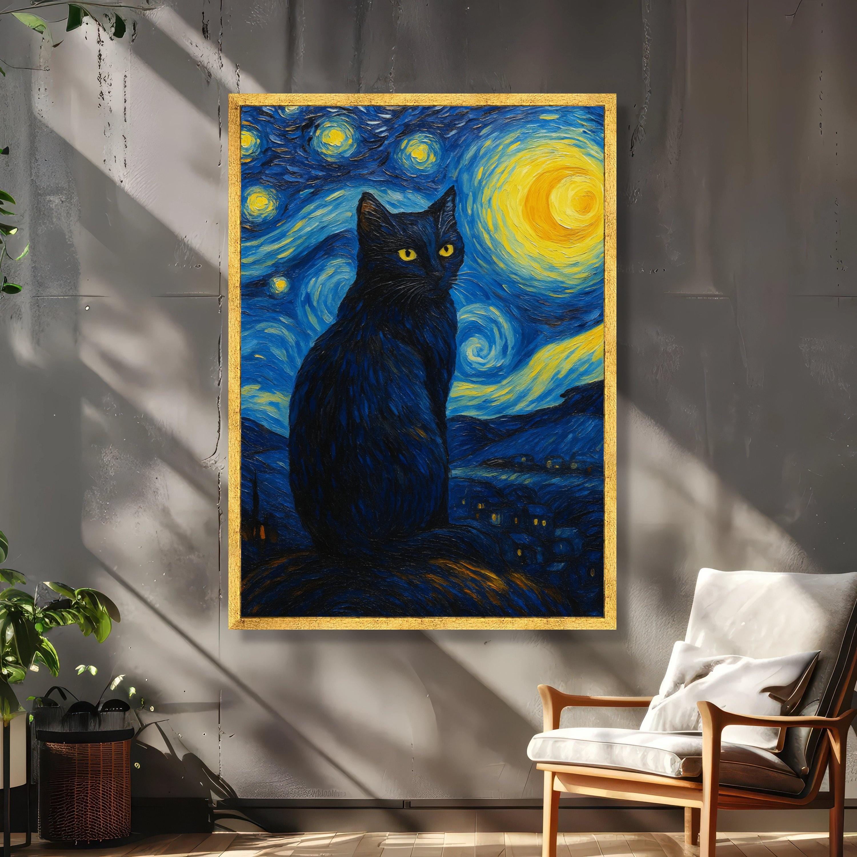 星空の夜の黒猫キャンバス、ゴッホ風の壁アート、夜空の絵画、動物愛好