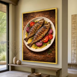 Lienzo con pescado a la parrilla con hierbas, arte mural rústico de comida, decoración culinaria para la cocina, lienzo con bandeja de mariscos, obra de arte de cocina gourmet.