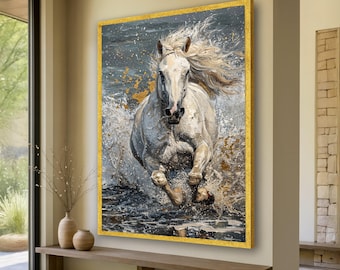 Majestic White Horse Running Canvas, Abstract Equine Wall Art, Dynamic Animal Painting, Modern Home Decoration, Textured Canvas Artwork