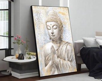 Peaceful Prayer: Buddha's Wisdom Canvas Painting, Zen Meditation Wall Art for Yoga Studio, Spiritual Home Decor Gift