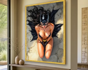 Bold Batwoman Pose, Modern Fantasy Canvas Wall Art, Dark Heroine Illustration, Female Superhero Decor, Vibrant Comic Style Canvas