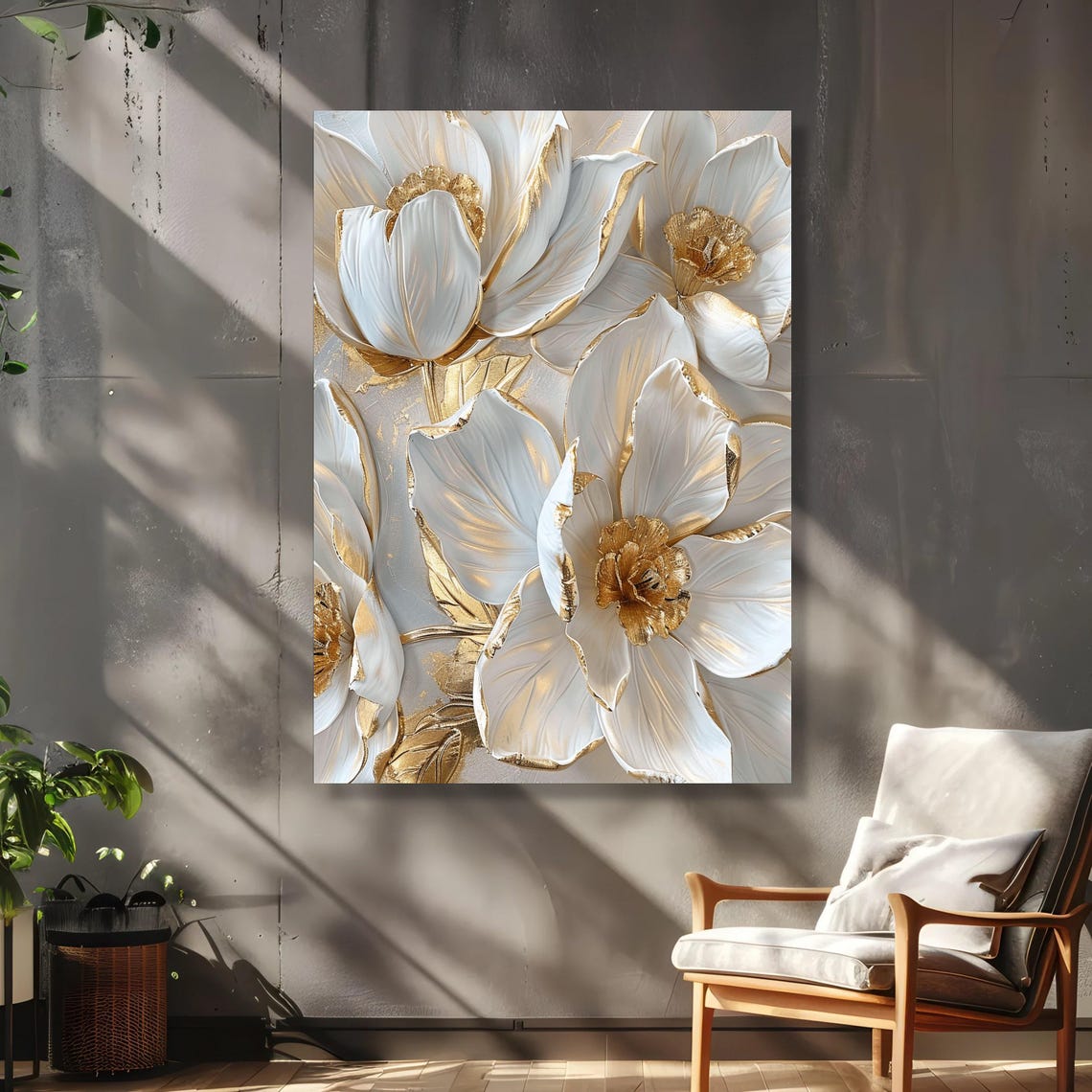 Elegant White and Gold Flowers Canvas, Luxury 3D Floral Wall Art ...