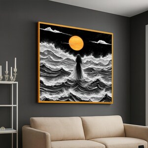 Mystical Woman Standing in Stormy Sea, Orange Moon Canvas, Dark Ocean Waves Art, Surreal Nightscape Canvas, Dramatic Wall Decor, Ready to image 3