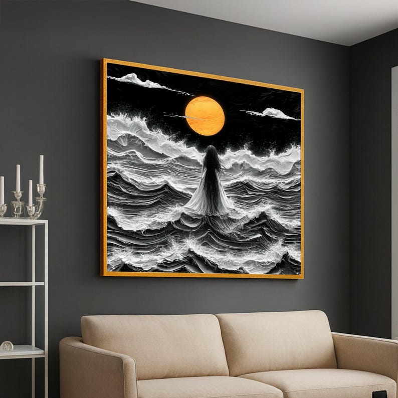 Mystical Woman Standing in Stormy Sea, Orange Moon Canvas, Dark Ocean Waves Art, Surreal Nightscape Canvas, Dramatic Wall Decor, Ready to image 3