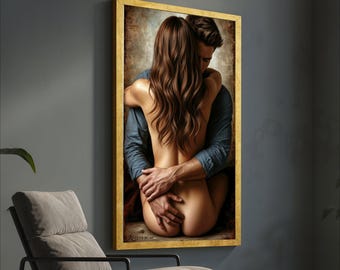 Intimate Embrace Couple Canvas, Sensual Romantic Wall Art, Lovers Hug Artwork, Bedroom Decor, Passionate Relationship Canvas