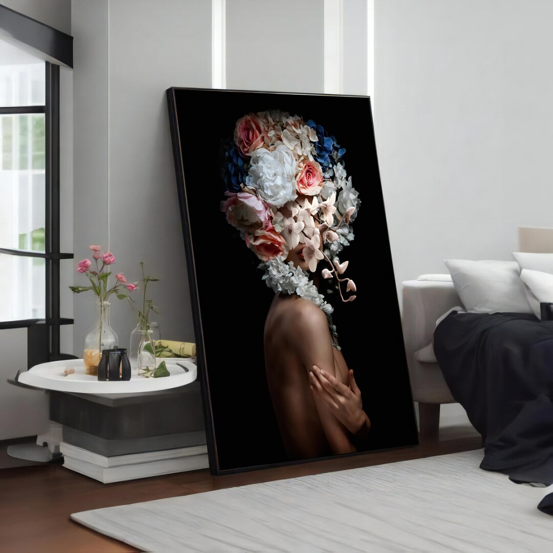 Adorned With Flowers: Floral Woman Portrait, Modern Canvas Wall Art ...
