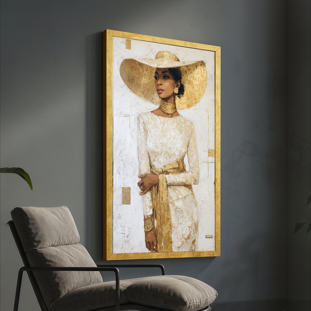 Elegant Woman in Gold Hat Canvas, Modern Portrait Wall Art, Fashion ...