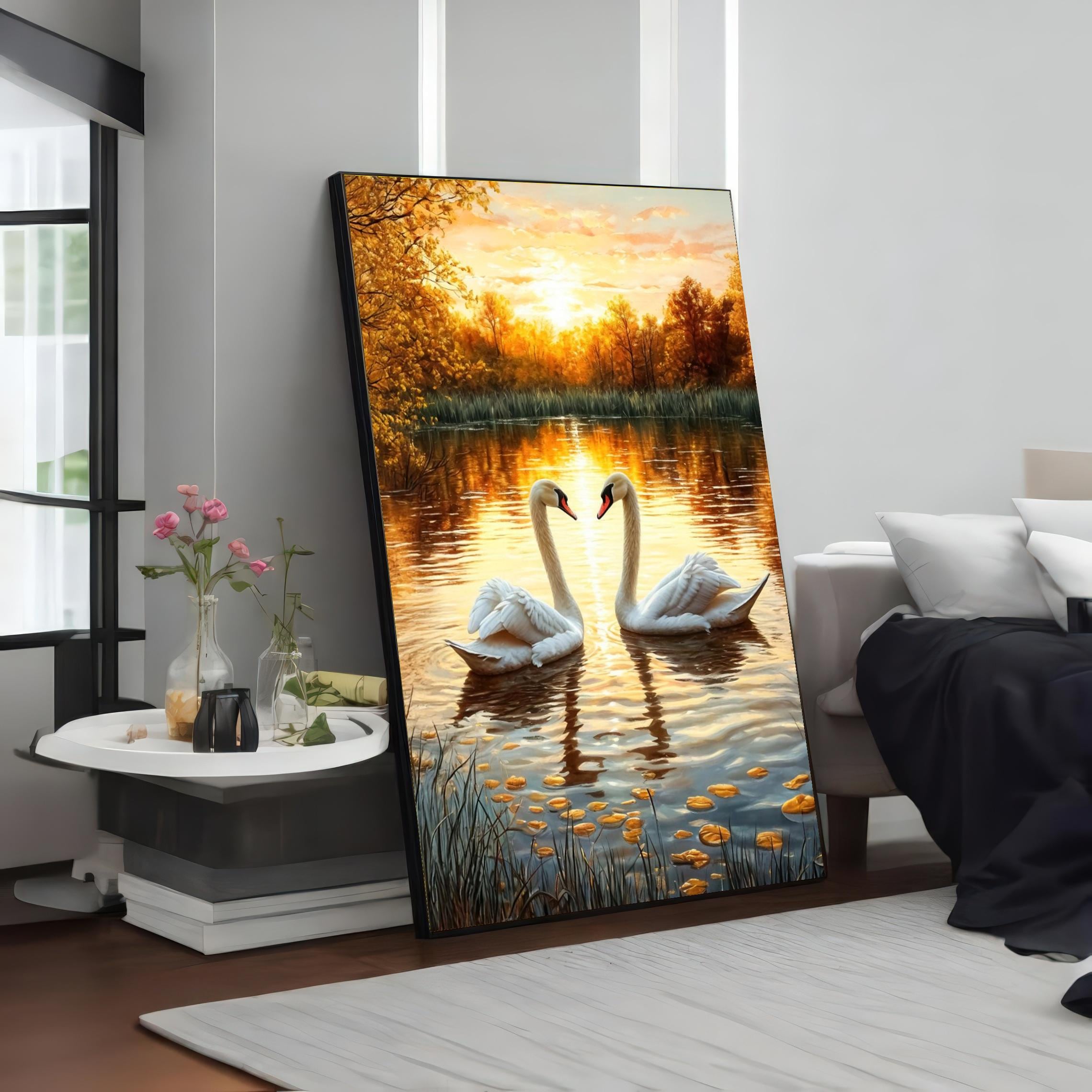 Serene Swans Canvas, Lake Sunset Art, Nature Wall Decor, Swan