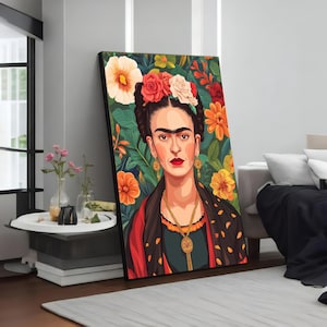 Frida Floral Canvas, Portrait Wall Art, Colorful Frida Art, Wall Art Canvas Design, Flower Background, Ready To Hang Decoration