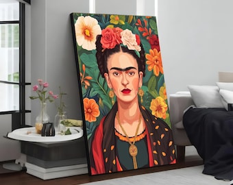 Frida Floral Canvas, Portrait Wall Art, Colorful Frida Art, Wall Art Canvas Design, Flower Background, Ready To Hang Decoration