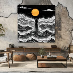Mystical Woman Standing in Stormy Sea, Orange Moon Canvas, Dark Ocean Waves Art, Surreal Nightscape Canvas, Dramatic Wall Decor, Ready to image 2