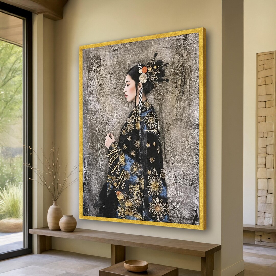 Elegant Asian Woman Portrait Canvas, Traditional Kimono Wall Art ...