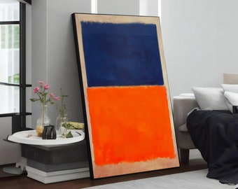 May include: Abstract painting with a black frame. The painting is divided into two horizontal sections. The top section is a dark blue colour and the bottom section is a bright orange colour.