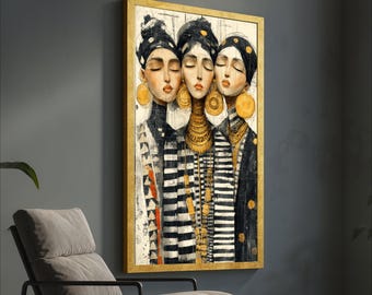 Tribal Queens Portrait Canvas, African Women Wall Art, Ethnic Fashion Illustration, Modern Cultural Decor, Bohemian Canvas Painting