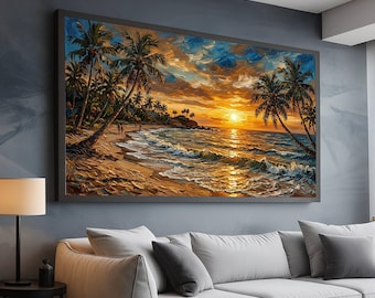 May include: A framed landscape painting depicts a tropical beach scene at sunset. Palm trees line the shore, with figures walking along the sand. The sky is filled with orange, yellow, and blue hues, reflecting on the water.
