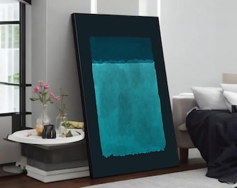 May include: Abstract art print with a dark blue background and a teal blue rectangle in the center. The rectangle has a rough, textured edge.