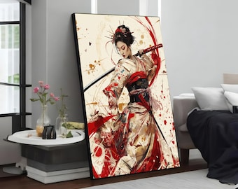 May include: A painting of a woman in a white and red kimono holding a sword. The background is a white and red abstract design.