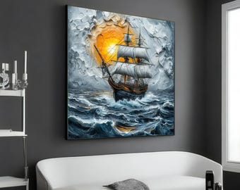 Majestic Tall Ship Canvas, Sailing Ship Wall Art, Ocean Sunset Print, Wall Art Canvas Design, Ready To Hang Nautical Decor