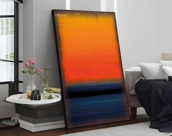 May include: Abstract art print with a black frame. The print features a gradient of orange, red, and blue colours. The colours are separated by a thin black line.
