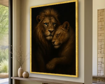 Majestic Lion Couple Portrait Canvas, Wildlife Wall Art, Animal Love Decor, Realistic Lion Painting, Home Decoration Canvas Art