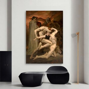 May include: A painting depicting a scene of struggle and conflict. Two nude figures grapple with each other, while two figures in robes watch from a distance. The background is a dark, fiery landscape.