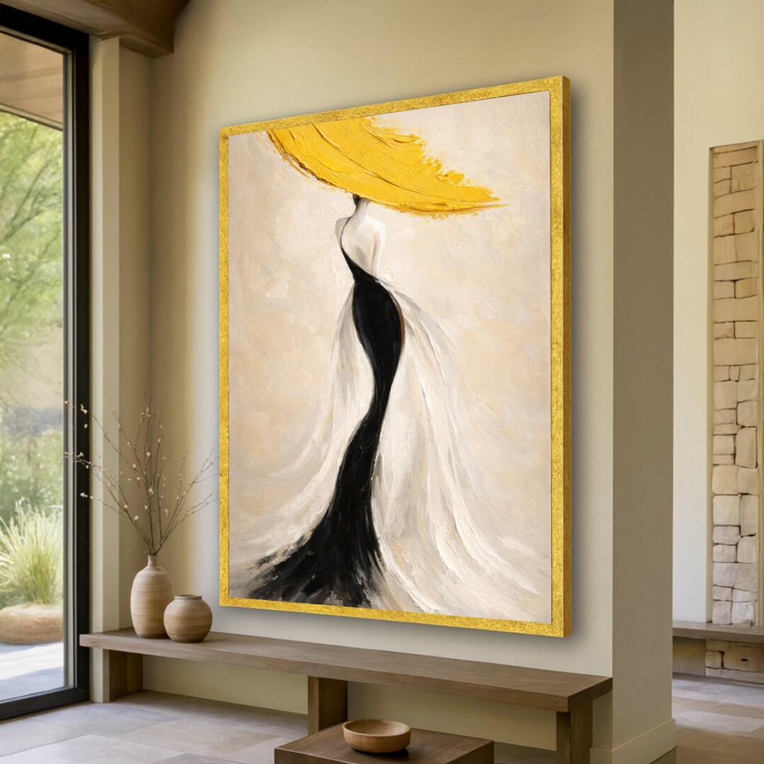 Elegant Woman in Black Gown Canvas, Abstract Fashion Art, Yellow Hat ...