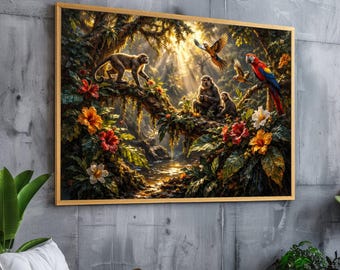 May include: A framed art print depicting a lush jungle scene. Monkeys perch on a tree branch, surrounded by vibrant flowers and foliage. A colorful parrot and other birds are also present. The artwork is set against a backdrop of sunlight filtering through the trees.