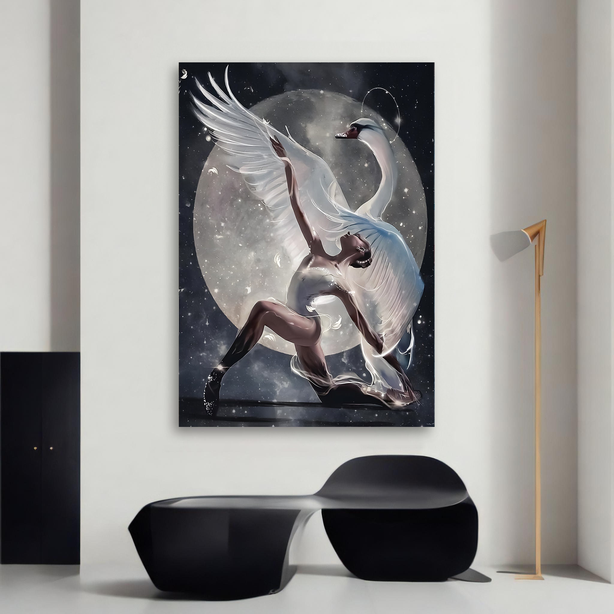 月明かりのダンス：白鳥とバレリーナのキャンバス絵画、エレガントな壁