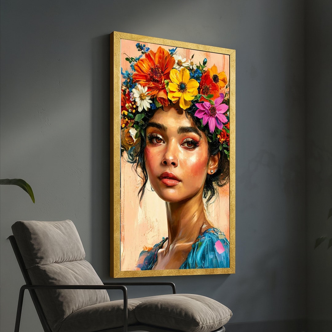 Vibrant Floral Crown Portrait Canvas, Colorful Woman Face Wall Art ...