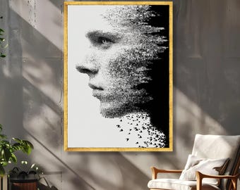 抽象的な人間の顔のモザイクキャンバス、白黒のポートレートウォール