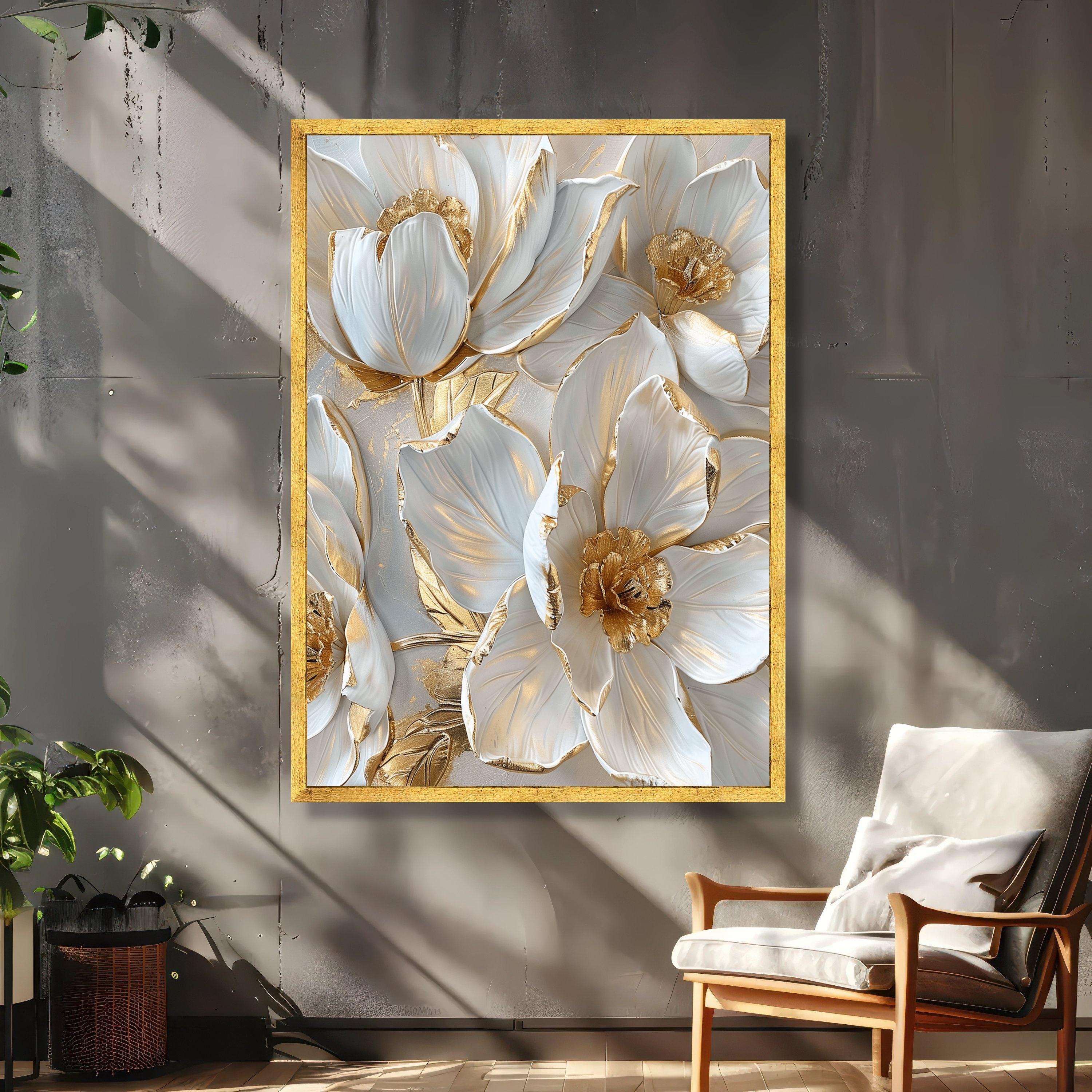 Elegant White and Gold Flowers Canvas, Luxury 3D Floral Wall Art ...