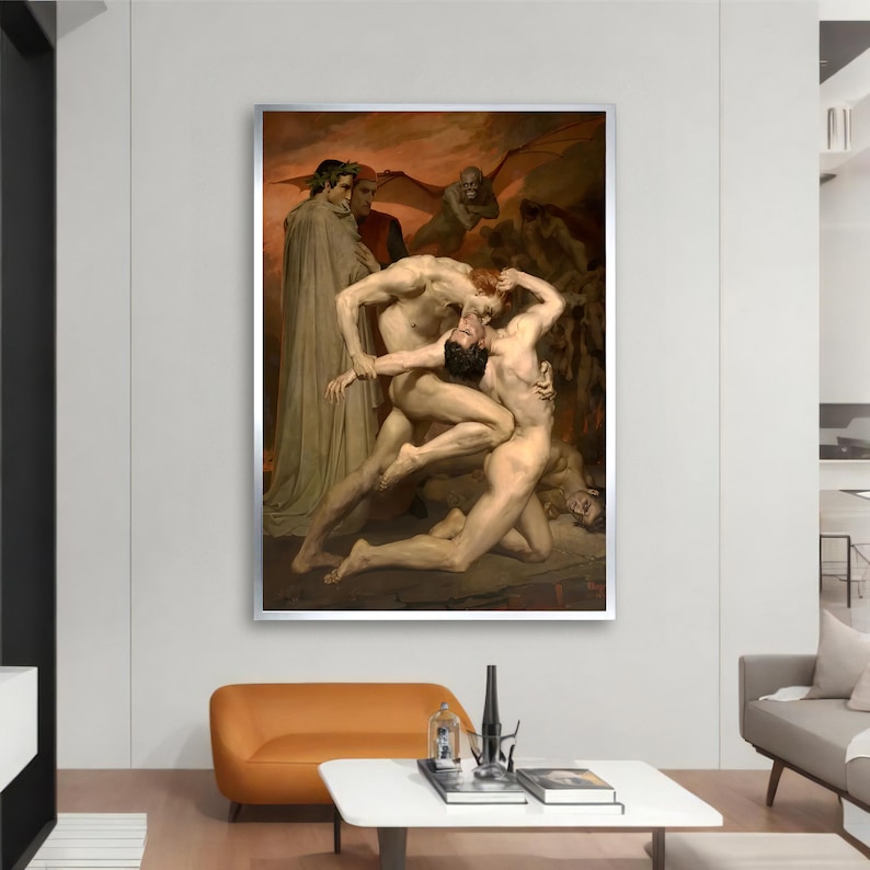 May include: A painting depicting a scene of struggle and conflict. Two nude figures grapple with each other, while a third figure in a robe watches on. The background is a dark, stormy sky.