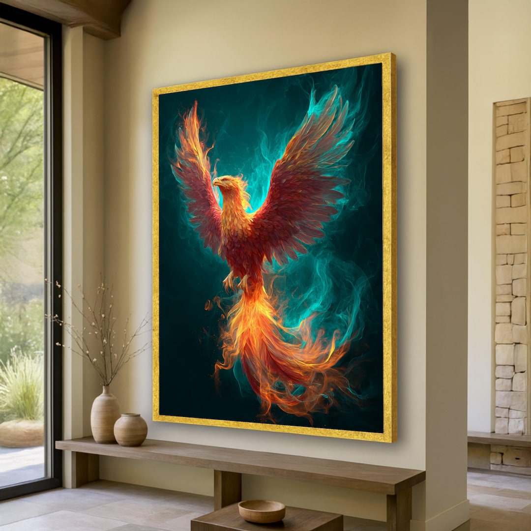 Fiery Phoenix Rising Canvas Wall Art, Mythical Bird Flame Artwork ...