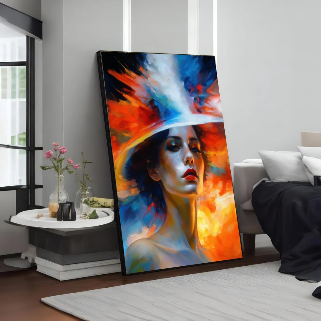 Colorful Lady Portrait, Vibrant Hat Canvas, Female Art Print ...