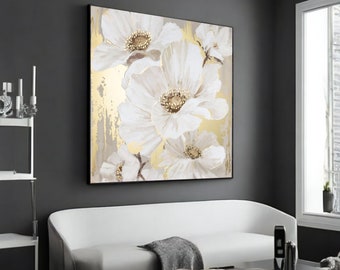 May include: A square canvas painting featuring white flowers with gold accents. The flowers are painted in a realistic style and have a soft, delicate look.