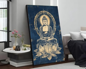 Boeddha lotus canvas, zen meditatie kunst aan de muur, vreedzame Boeddha print, spiritueel decor canvasontwerp, klaar om op te hangen decoratie
