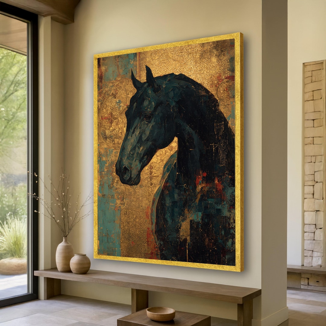 Majestic Black Horse Canvas, Abstract Gold Background Wall Art, Equine ...