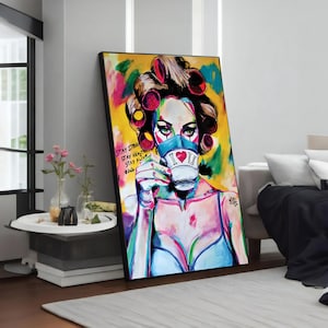 Art and Emotion: Colorful Portrait Canvas - Modern Wall Decor, Pop Art Woman Drinking Coffee, Unique Gift
