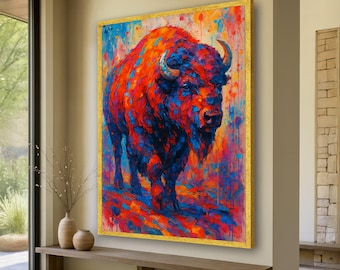 Levendige bizon canvaskunst, kleurrijke abstracte buffelschilderij, gewaagde natuur muurkunst, moderne dieren canvas decoratie