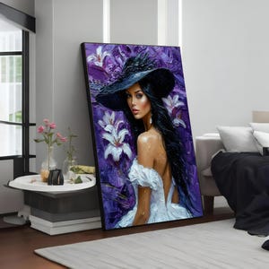 Elegant Woman in Hat Canvas, Floral Art Print, Stylish Portrait Art, Wall Art Canvas Design, Ready to Hang Decoration
