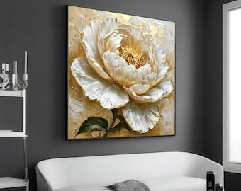 Lienzo de peonía blanca, arte mural floral, elegante estampado de peonía, póster floral, diseño de lienzo para pared, decoración lista para colgar.