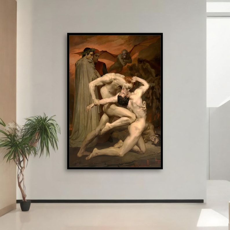 May include: A painting depicting a scene from Dante's Inferno. Two nude figures wrestle in the foreground, while a group of demons watch from the background. The painting is set against a dark, fiery backdrop.