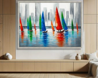 Colorful Sailboats Canvas Wall Art, Abstract Seascape Painting, City Skyline Reflection, Modern Nautical Decor, Vibrant Sailing Boats