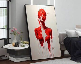 Magie rouge : peinture sur toile femme fondante, décoration murale moderne, oeuvre d'art murale unique, cadeau parfait