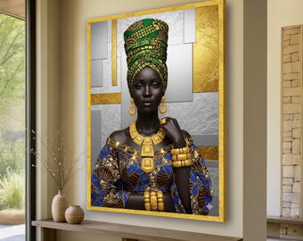 African Queen Portrait Canvas, Ethnic Wall Art, Tribal Fashion Decor, Bold Jewelry Artwork, Modern Cultural Canvas, Luxe Home Decoration