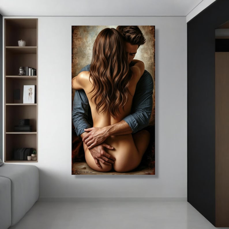Intimate Embrace Couple Canvas, Sensual Romantic Wall Art, Lovers Hug Artwork, Bedroom Decor, Passionate Relationship Canvas image 6